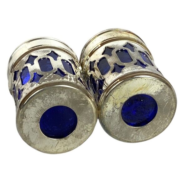 Vintage Silver & Cobalt Blue Glass Salt Pepper Shaker Set Filigree Design - Picture 4 of 4